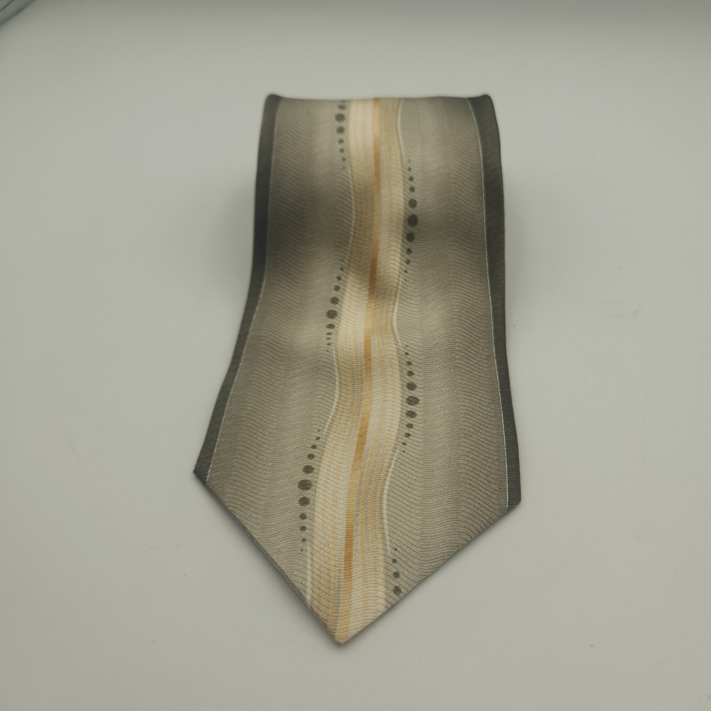 Emilio Ponti‎ 100% Silk Handmade Tie Green Beige Gold Stripe Dot 3.5" Wide Italy